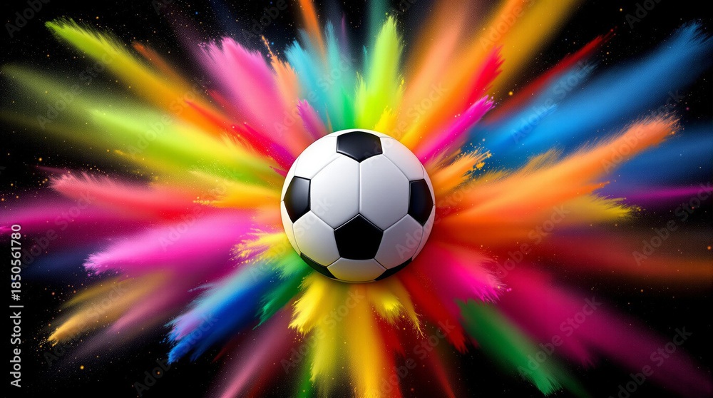 Naklejka premium A classic soccer ball igniting a radiant explosion of multi colored powder celebrating sport with