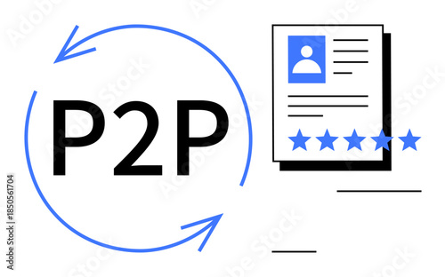 P2P concept with arrows, user profile document, and star ratings. Ideal for peer-to-peer networks, reputation systems, user reviews, rating platforms, collaboration, decentralized systems trust
