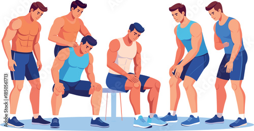 Set of Fit Men Experiencing Muscle Pain and Sports Injuries During Workout Recovery and Physical Therapy