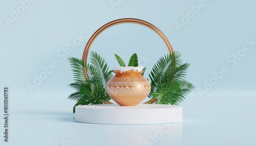 A surreal, high-quality 3D render of a Pongal element set, featuring traditional clay pots, sugarcane, rice grains, and festive decorations, placed on a clean light blue studio background with realist