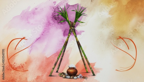 A rustic and minimalist illustration of a traditional Pongal sugarcane shelter mandapam, created with simple shapes, earthy tones, and natural textures, representing rural South Indian harvest rituals