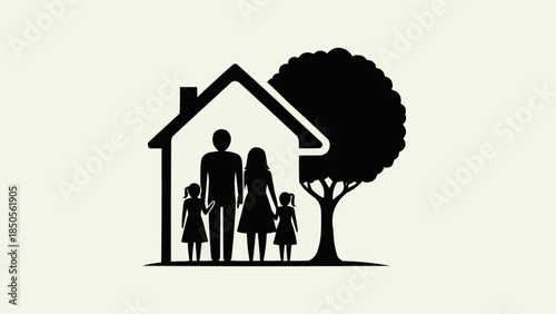 Family Silhouette Standing Inside a House with a Tree.