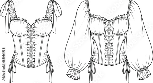 cad drawing flat vector illustration, ruched corset top sketch, fashion technical design, puff sleeve garment blueprint, structured bodice pattern layout