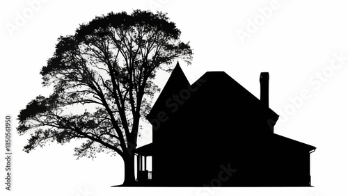 Silhouette of a grand old house with a large tree.