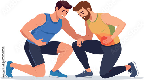 Two Athletic Men Experiencing Severe Abdominal Pain and Stomach Cramps During Intense Fitness Training Workout