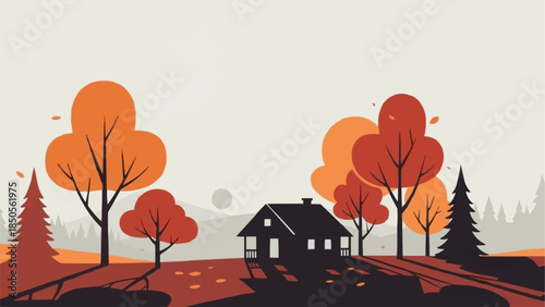 Cozy Cabin in Autumn Forest Landscape Scene.