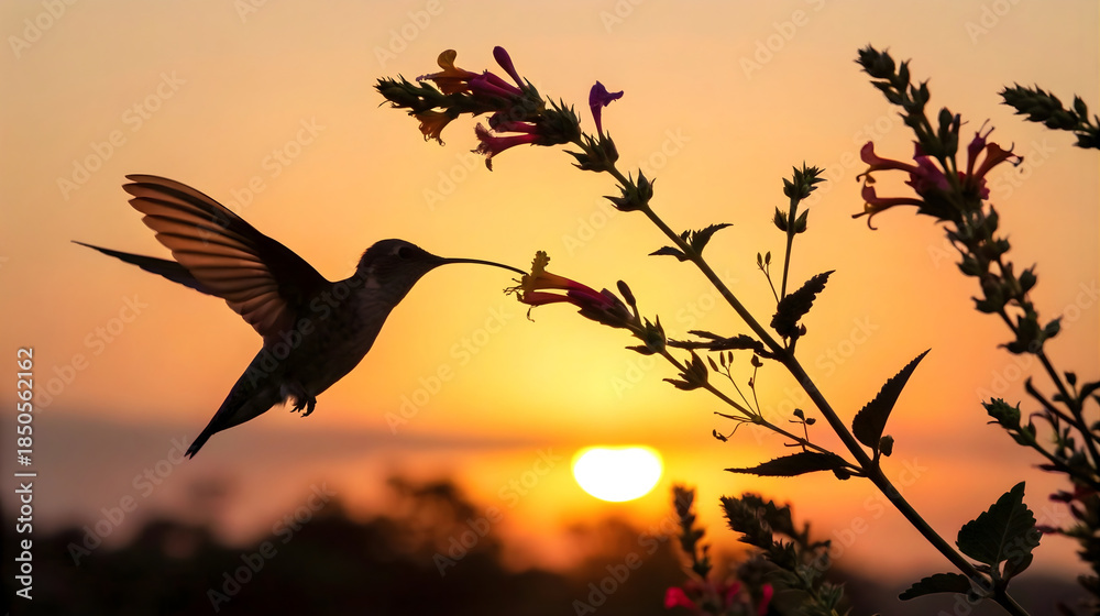 Naklejka premium Hummingbird Silhouette Feeding on a Flower at Sunset with a Warm Golden Sky