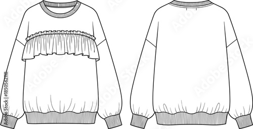 cad drawing flat vector illustration, ruffle pullover sketch, fashion technical design, gathered sleeve blueprint, ribbed hem layout, relaxed silhouette graphic