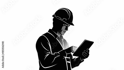 Construction worker in hard hat using tablet computer on site.
