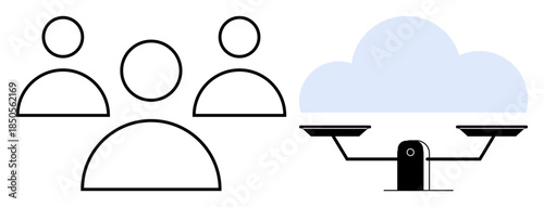 Digital equality, cloud technology, team collaboration, data balance, tech justice, online solutions. Group of people and a scale with a cloud. Digital equality and cloud technology concept
