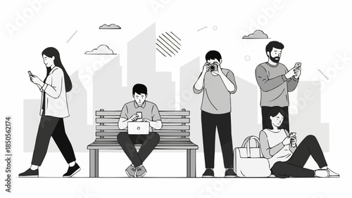 Diverse group of people engaged with their devices in an urban setting.