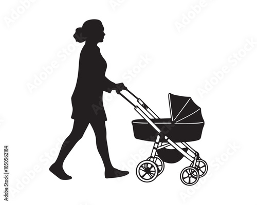 Mother pushing a baby stroller silhouette isolated on white background
