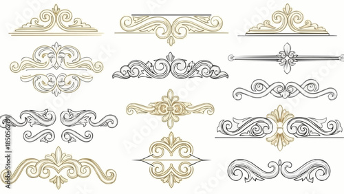 Collection of ornate decorative borders and flourishes in vintage style.