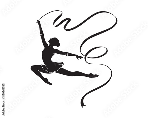Rhythmic Gymnast Silhouette with Ribbon Performing a Dynamic Leap