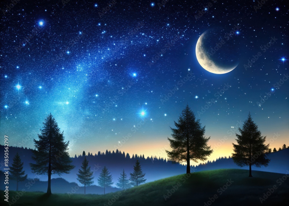 Naklejka premium Dark summer night sky with vibrant stars and a crescent moon