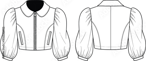 cad drawing flat vector illustration, cropped jacket sketch, fashion technical design, garment construction blueprint, puff sleeve pattern, zipper front layout