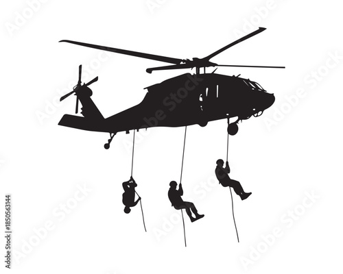 Military Helicopter Rappelling Soldiers Black Silhouette Vector