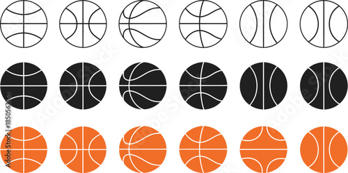 Rows of Basketball Icons in Outline, Solid Black, and Orange Fill Styles sport game