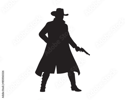 Wild West Gunslinger Silhouette in Trench Coat with Handgun