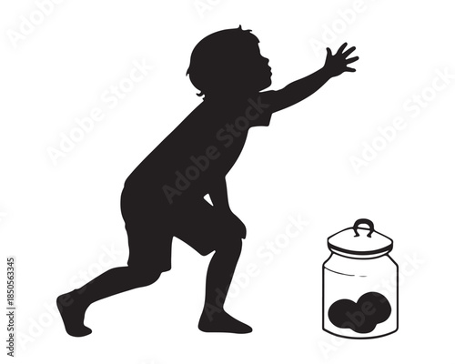 Child reaching for cookie jar silhouette illustration