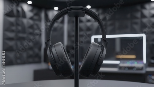 Sleek, matte black over-ear studio headphones with a minimalist design are elegantly suspended on a metal stand, bathed in soft, focused studio lighting within a modern, acoustically treated recording
