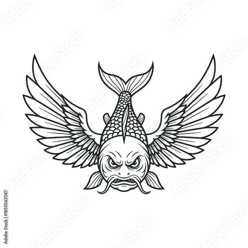 An ak-9 styled illustration of a hybrid creature with a fish body and wings depicted.