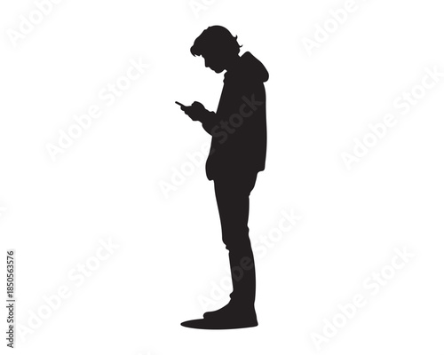Profile silhouette of young person using mobile phone on white