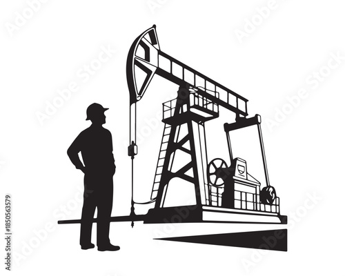 Oil Pump Jack and Engineer Silhouette Vector Illustration