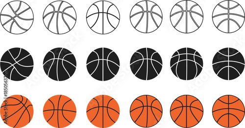 Set of Basketball Icons Displaying Outline, Black, and Orange Fill Variations sport