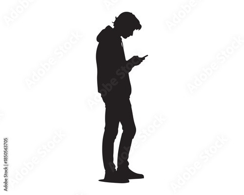 Young man silhouette using smartphone, isolated on white background.