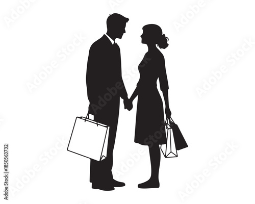 Shopping Couple Silhouette Holding Hands with Bags on White Background