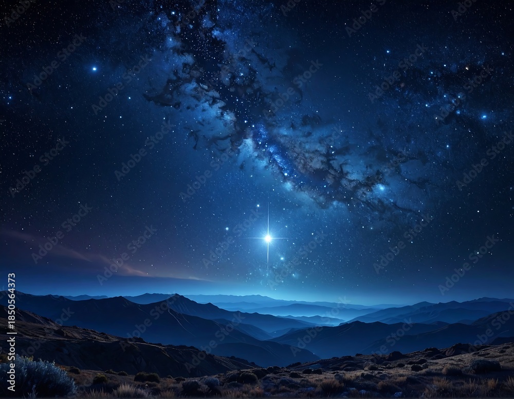 Fototapeta premium Scenic night landscape with distant mountains, stars and cosmos