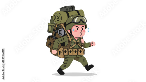 Cartoon Soldier Character with Large Backpack Journeying Military Theme Illustration