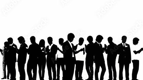 Silhouette of a diverse group of people engrossed in their smartphones.