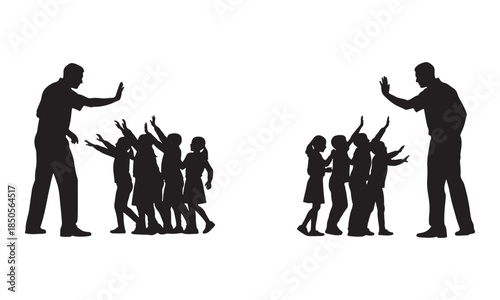 Man stopping children silhouettes reaching hands up vector illustration.