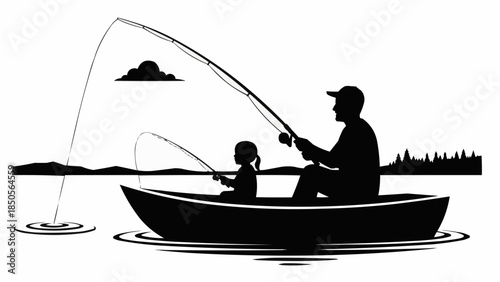 Father and child fishing together in a boat silhouette.