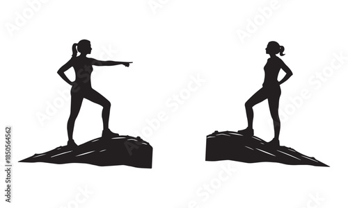 Vector silhouette of women standing on peaks across a gap.