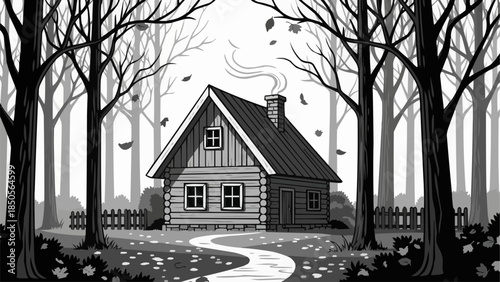 Cozy Log Cabin in a Forest Setting with Smoke from Chimney.