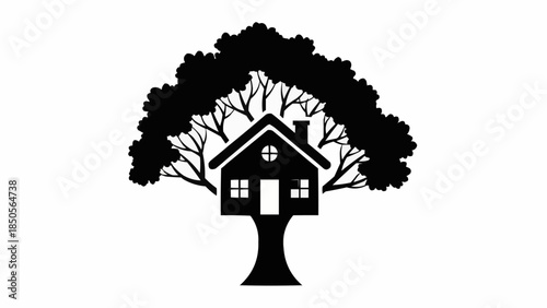 Silhouette of a treehouse nestled within a large tree.