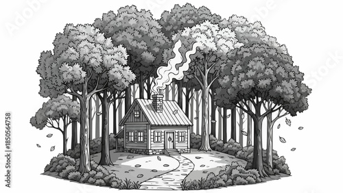 Cozy Wooden Cabin Nestled Deep Within a Dense Forest.