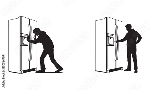 Man Operating Fridge Ice Water Dispenser in Two Silhouette Poses
