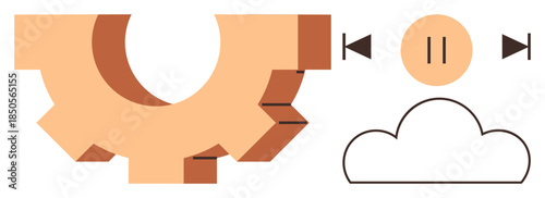 Stylized gear, cloud outline, and media controls, representing technology, data storage, media management, and teamwork. Ideal for innovation, automation cloud computing workflow engineering