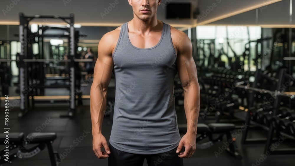 Fototapeta premium Muscular and determined young male athlete with defined physique wearing a heather grey athletic tank top confidently poses in the center of a modern, well-equipped gym with mirrored walls and blurred