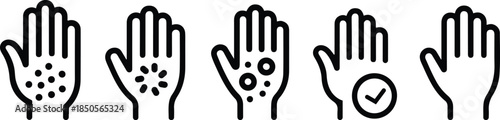 Hand Gesture and Medical Condition Line Icon Set – Rash, Allergy, and Healthy Hand Outline Symbols