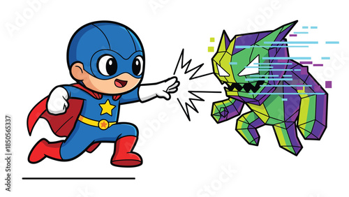 Cute Superhero Kid Fighting a Glitchy Monster in Cartoon Style Digital Art for Children s Stories and Games