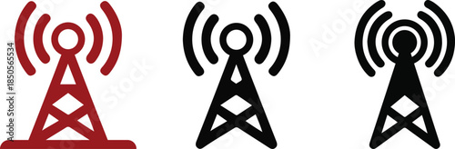 Wireless Signal Tower Line Icon Set – Broadcasting, Network, and Communication Outline Symbols