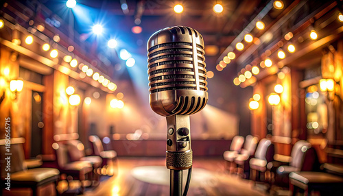 Vintage microphone on a stand with stage lights and chairs in a venue retro music