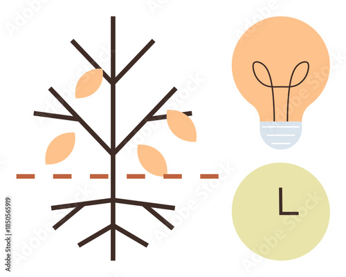Bare tree with scattered leaves, light bulb, and clock element suggesting innovation, growth, and time. Ideal for sustainability, progress, planning, deadlines nature creativity simple flat