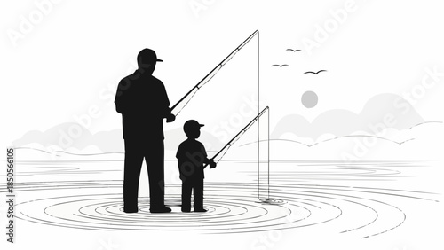 Father and Son Fishing Together Silhouette.