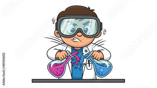 Cartoon Mad Scientist Boy Mixing Dangerous Chemicals in Laboratory Flasks with Explosive Reaction